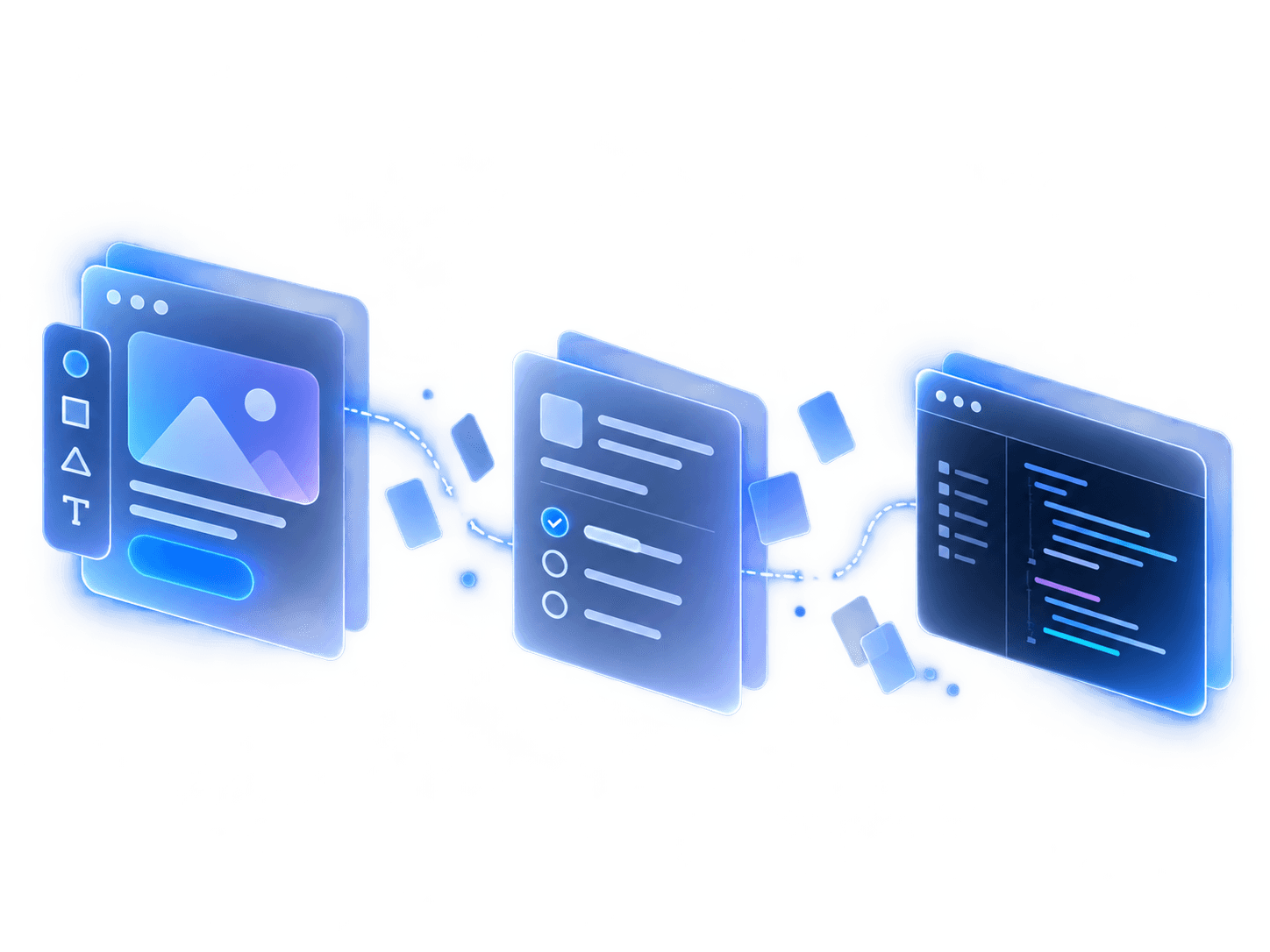 Three interface screens representing documentation, specification and code.