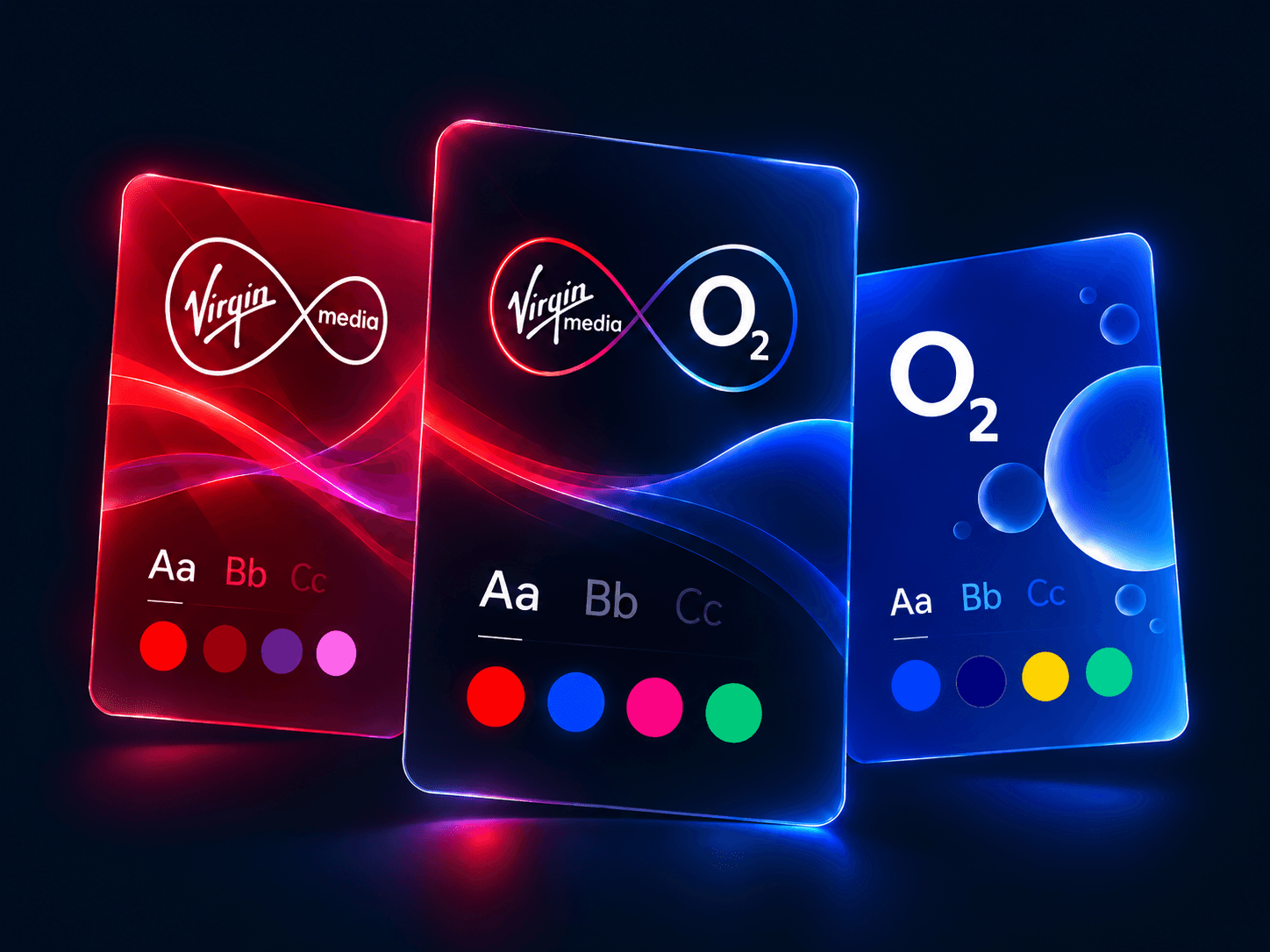 Three glowing interface cards showing Virgin Media, Virgin Media O2, and O2 colour and type samples.